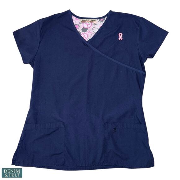 Green Town Navy Pink Ribbon Scrub Set Top & Pants XS Breast Cancer Awareness - Picture 2 of 13